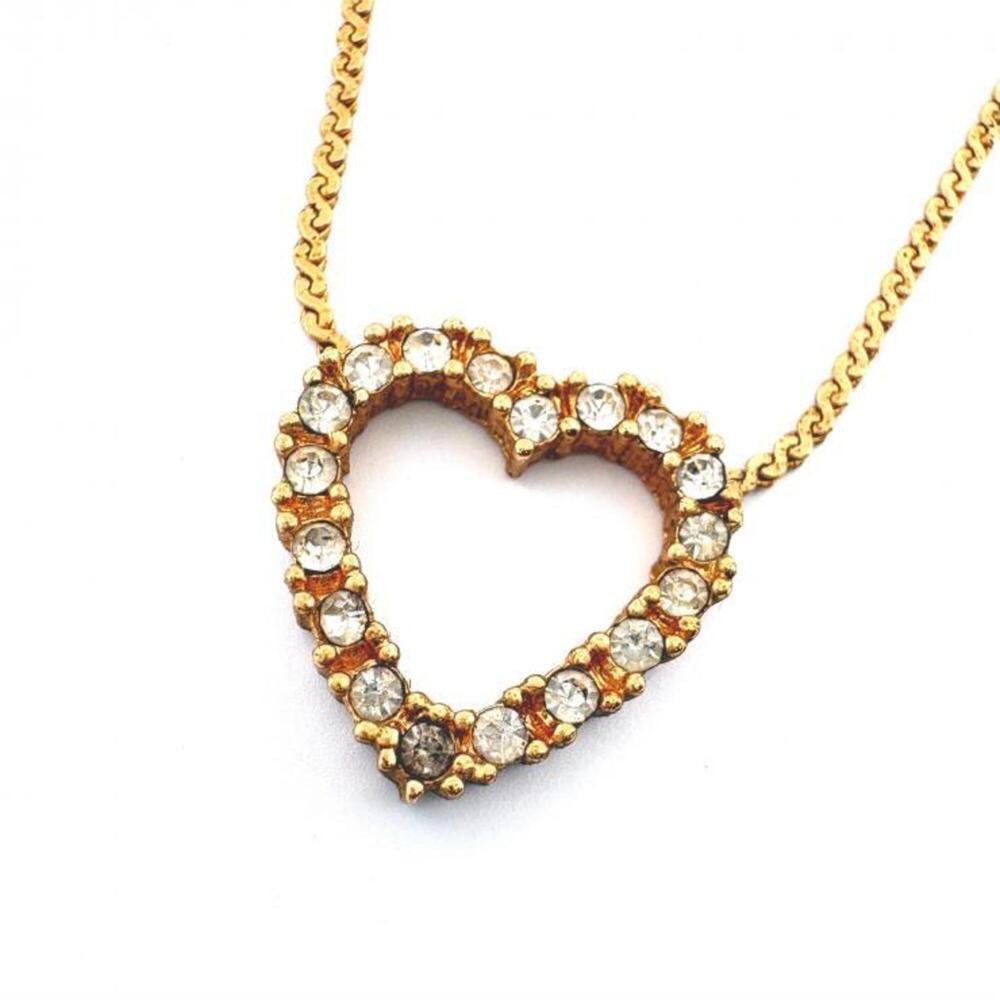 Christian Dior Necklace, Heart, Rhinestone, Vintage, GP Plated